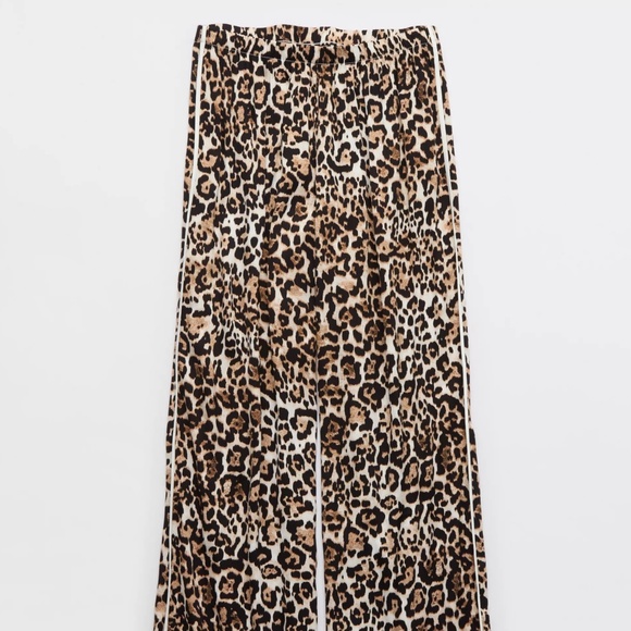 Aerie Size XL Tan Leopard Print Silky Off-Duty Satin Piping Trouser PJ Pants - Picture 4 of 7